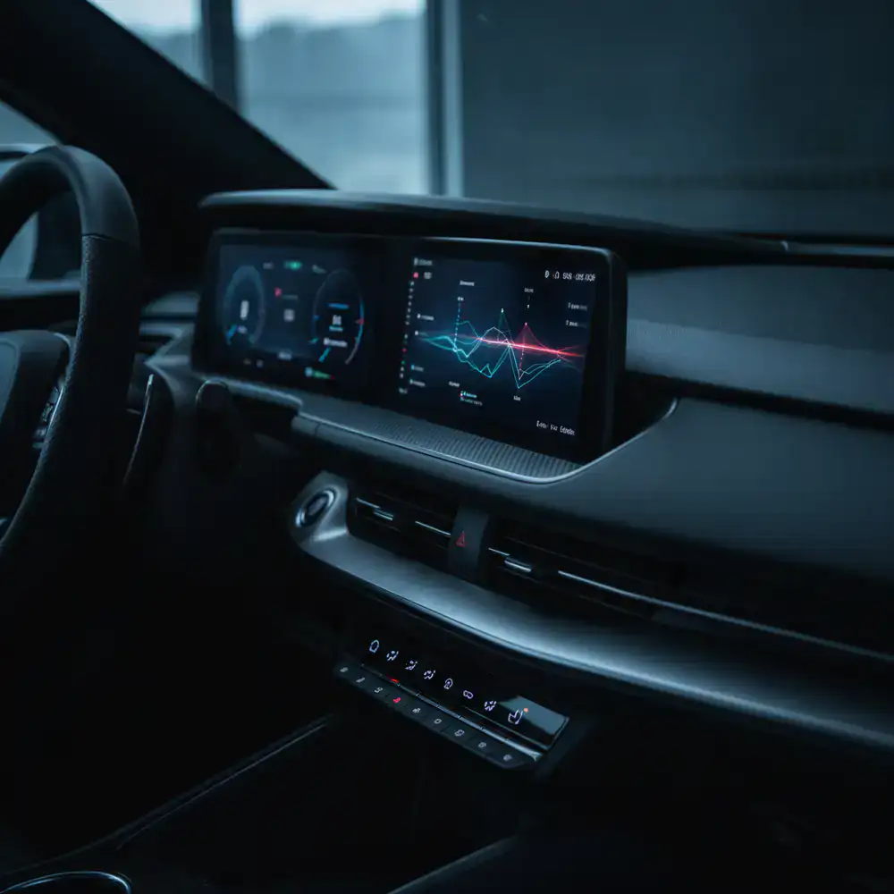 Close up of a modern car dashboard during testing