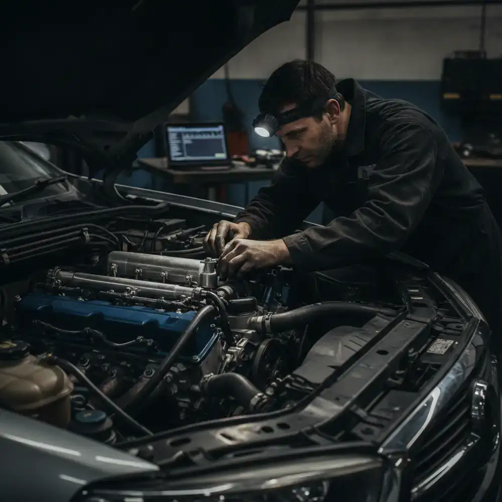 Mechanic inspecting a vehicle engine bay