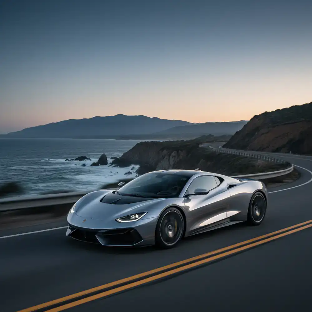 Sleek metallic silver car moving on a scenic road