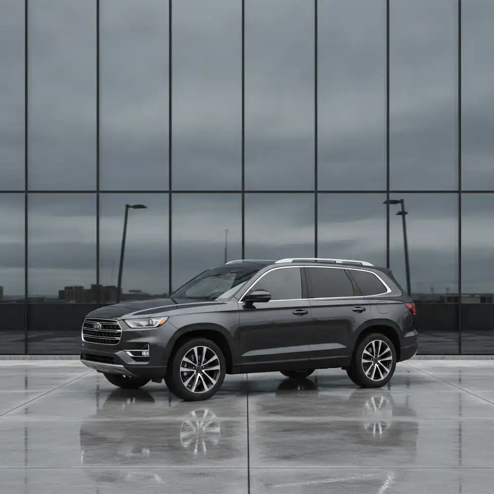 Deep charcoal SUV parked in front of a modern glass building