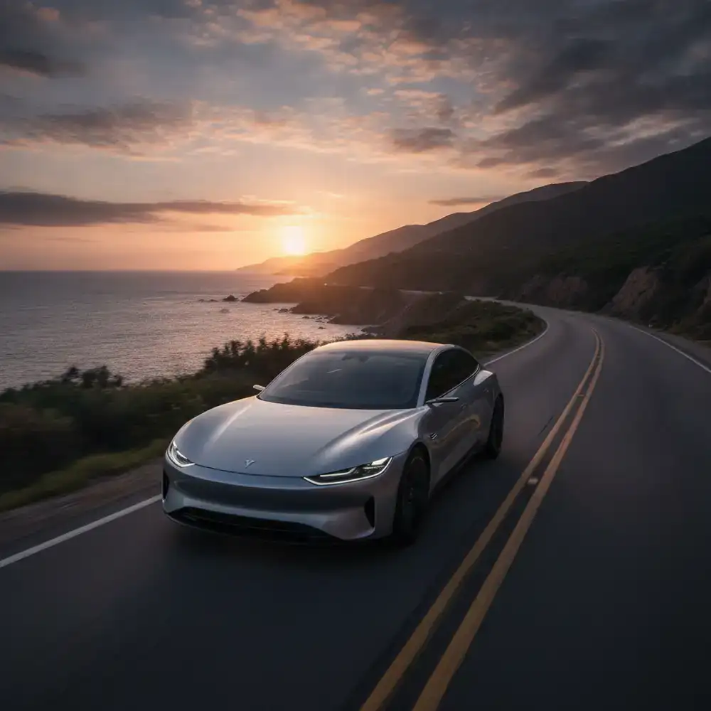 Sleek silver electric sedan driving on a scenic road