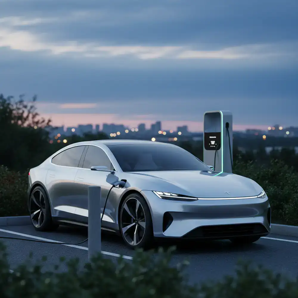 Silver electric sedan at a charging station