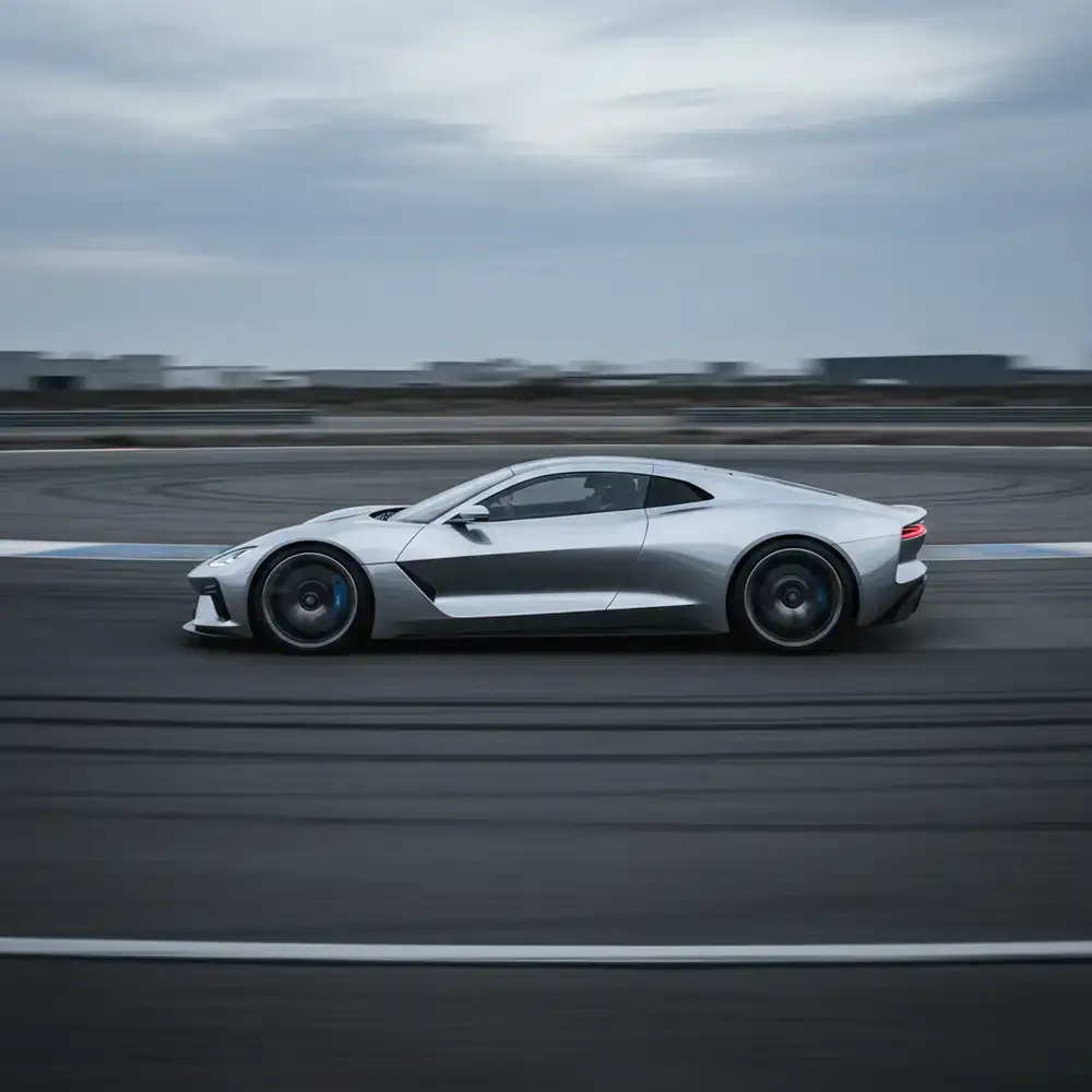 Sleek metallic silver performance car on a closed testing track