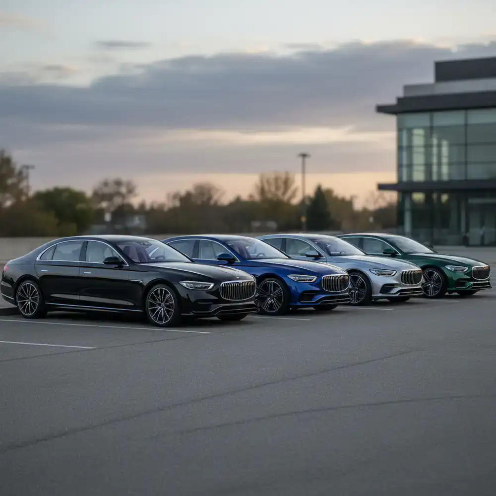 Lineup of modern sedans parked side by side