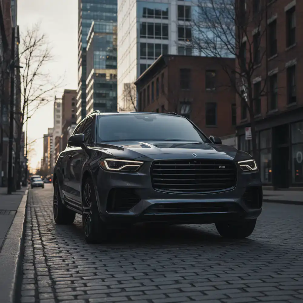 Deep charcoal premium SUV parked in an urban environment