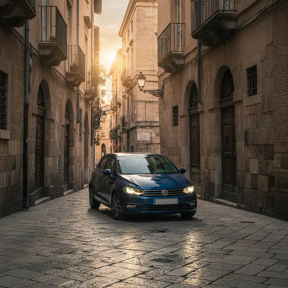 Compact hatchback navigating narrow city streets